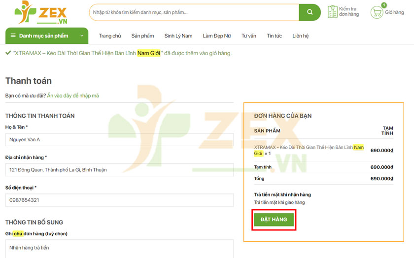 Điền đầy đủ thông tin giao hàng