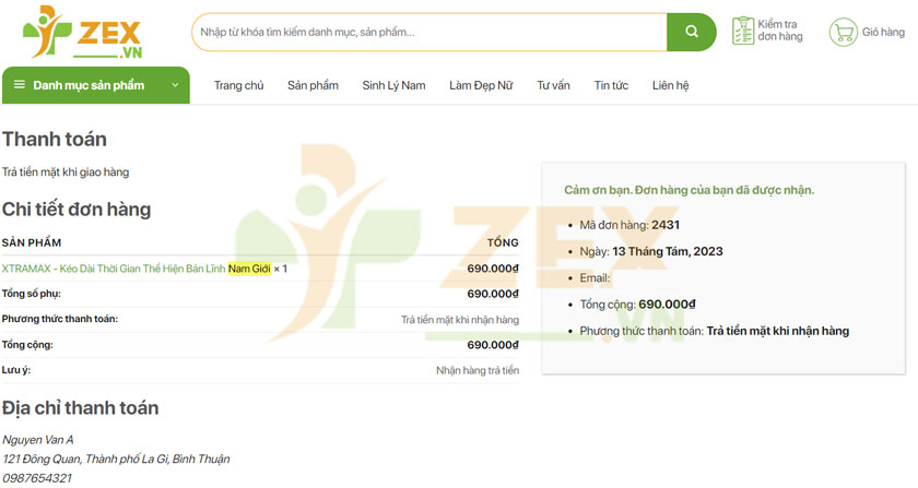 Hoàn tất đặt hàng tại ZexVN